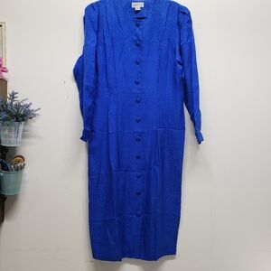 Vtg. Papell Too Silk Paisley Midi Dress 14 Royal Blue Button Front Luxury Retro